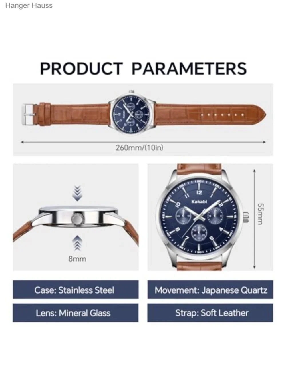 Men's 45mm Analog Quartz Leather Strap Dress Watch